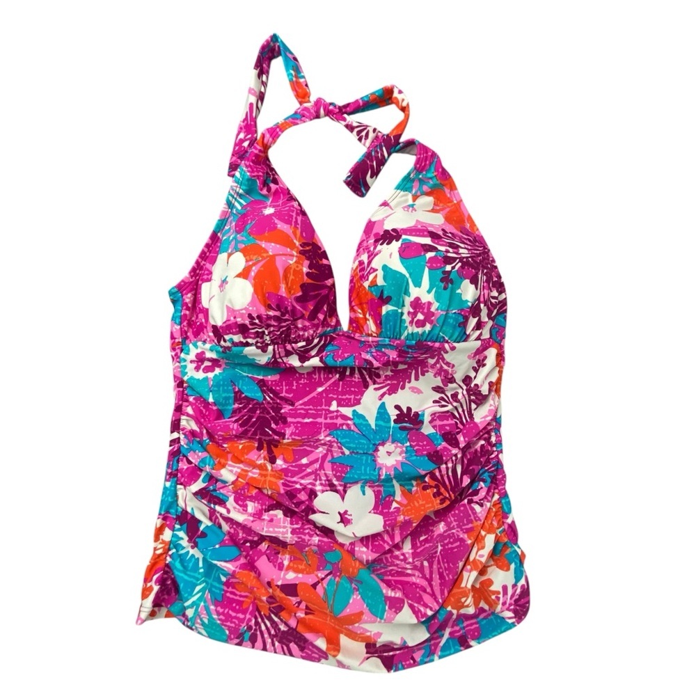 Into the Bleu Pink White, Turquoise, Orange Floral Halter Tankini Top Sz 8